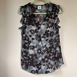 CABI Floral Sheer Ruffled Collar Cap Sleeve Blouse XS